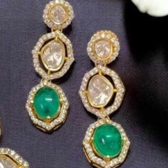 Exclusive Hand Crafted Golden Polish Moissanite Polki Doublet Stone Necklace Set - Picture 2 of 2